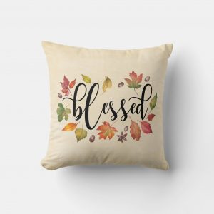 zazzle blessed in black calligraphy and autumn leaves throw pillow front